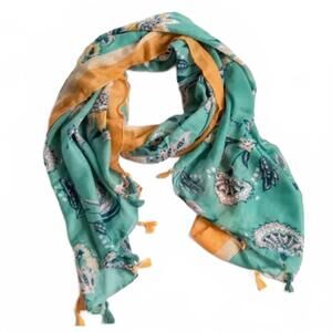 NEW FUNKY MONKEY women's cottage floral lightweight tassel scarf in turquoise &